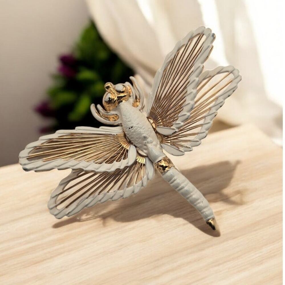 Monet Dragonfly Brooch Ivory Enamel Gold – Spinneret Collection Nature Motif